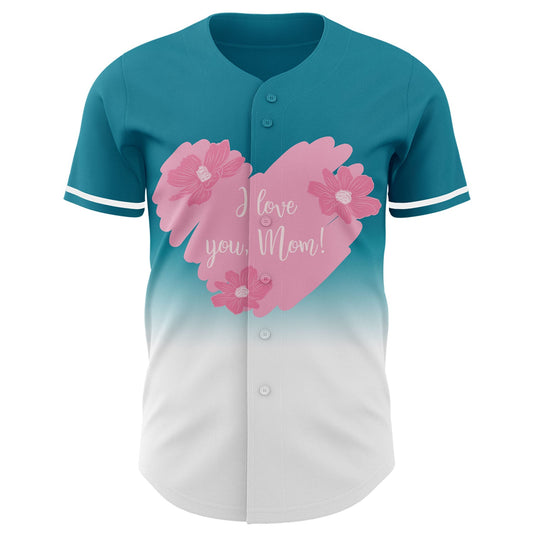Custom Teal White-Light Pink 3D Pattern Design Gradient Mother's Day Love And Flower Authentic Baseball Jersey - Sky-Custom