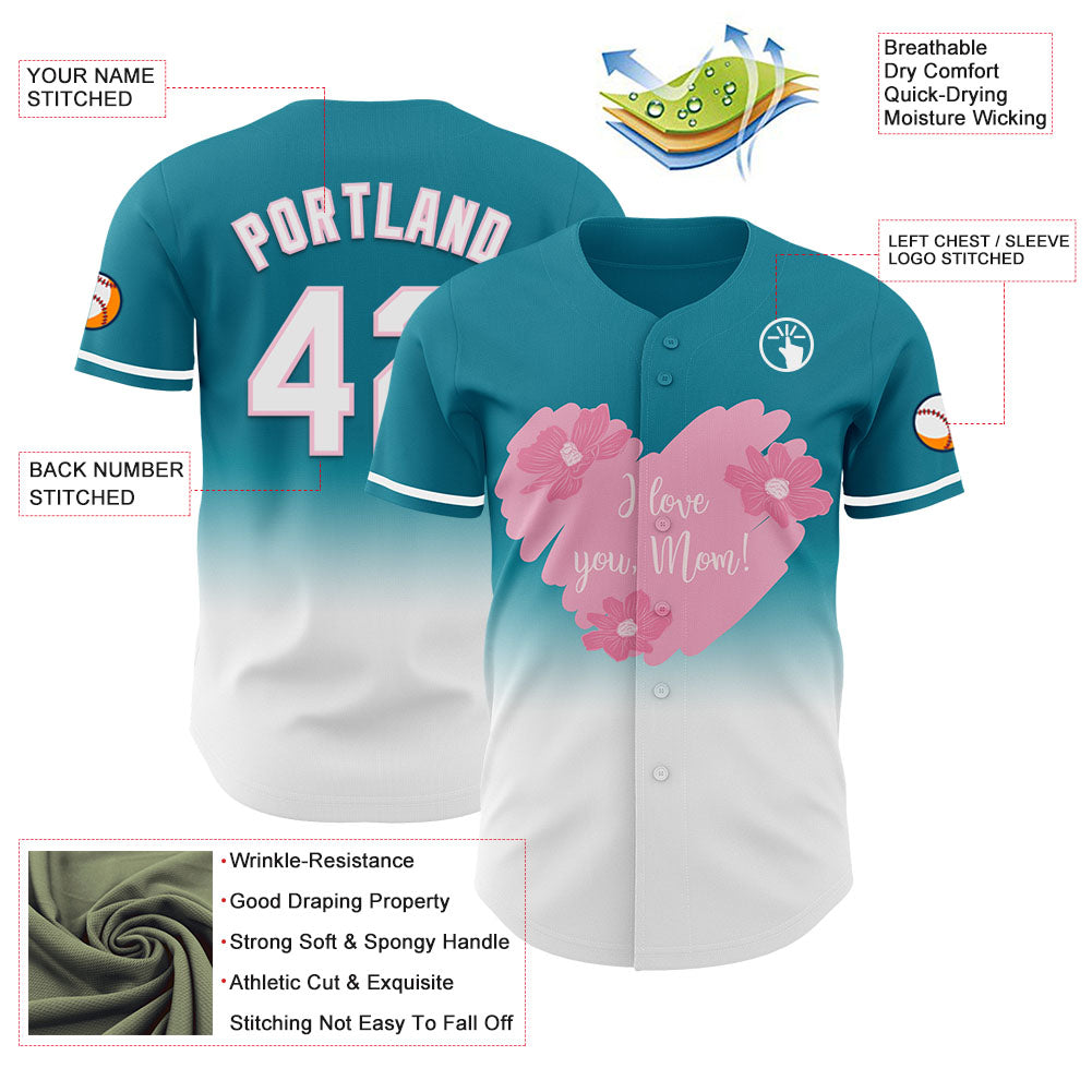 Custom Teal White-Light Pink 3D Pattern Design Gradient Mother's Day Love And Flower Authentic Baseball Jersey - Sky-Custom