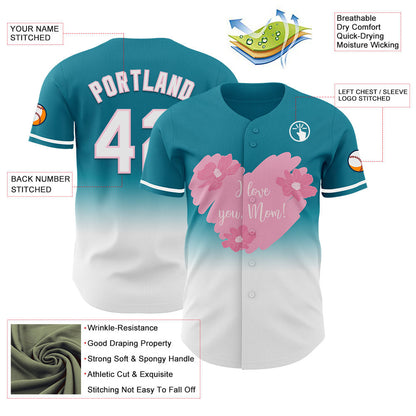 Custom Teal White-Light Pink 3D Pattern Design Gradient Mother's Day Love And Flower Authentic Baseball Jersey - Sky-Custom