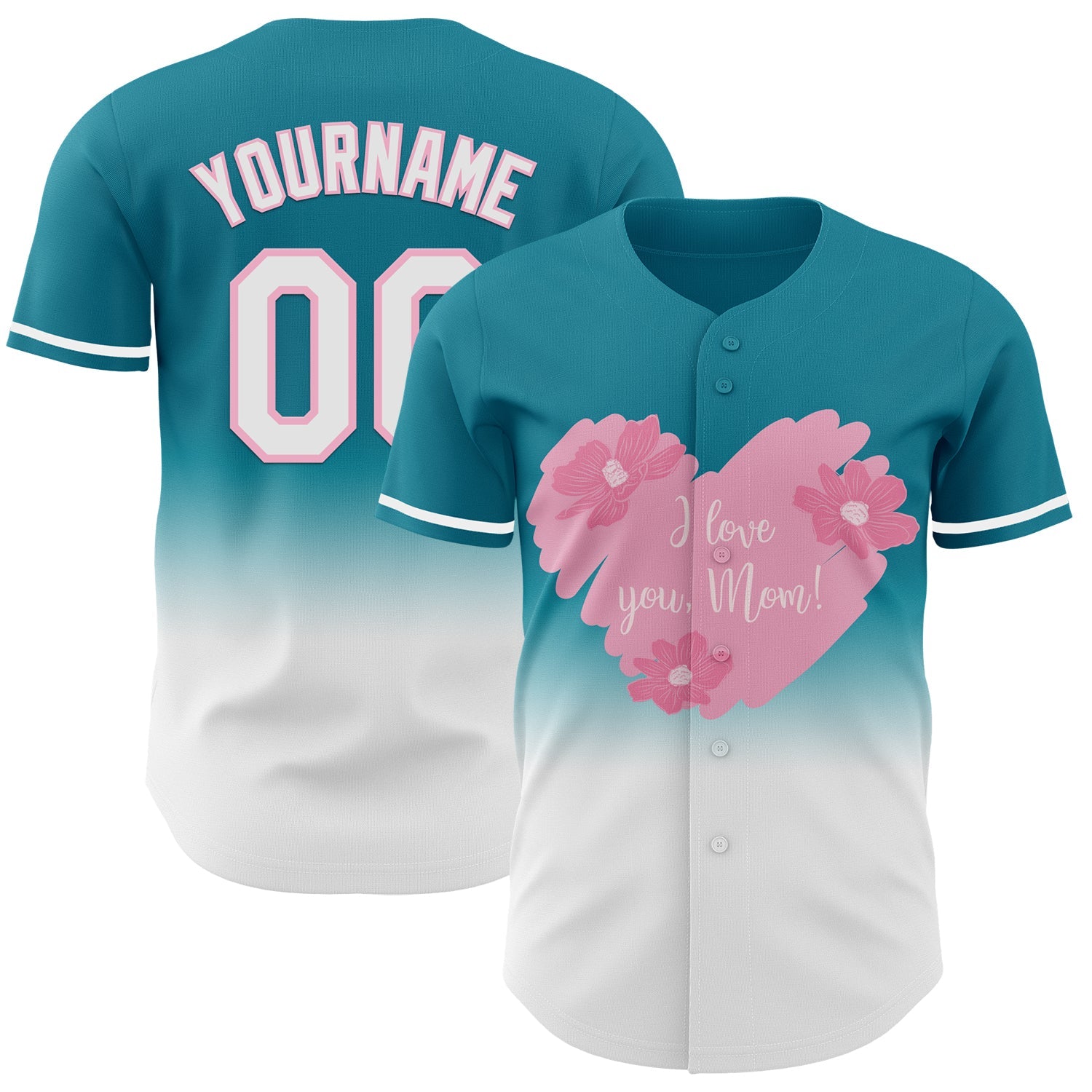 Custom Teal White-Light Pink 3D Pattern Design Gradient Mother's Day Love And Flower Authentic Baseball Jersey - Sky-Custom