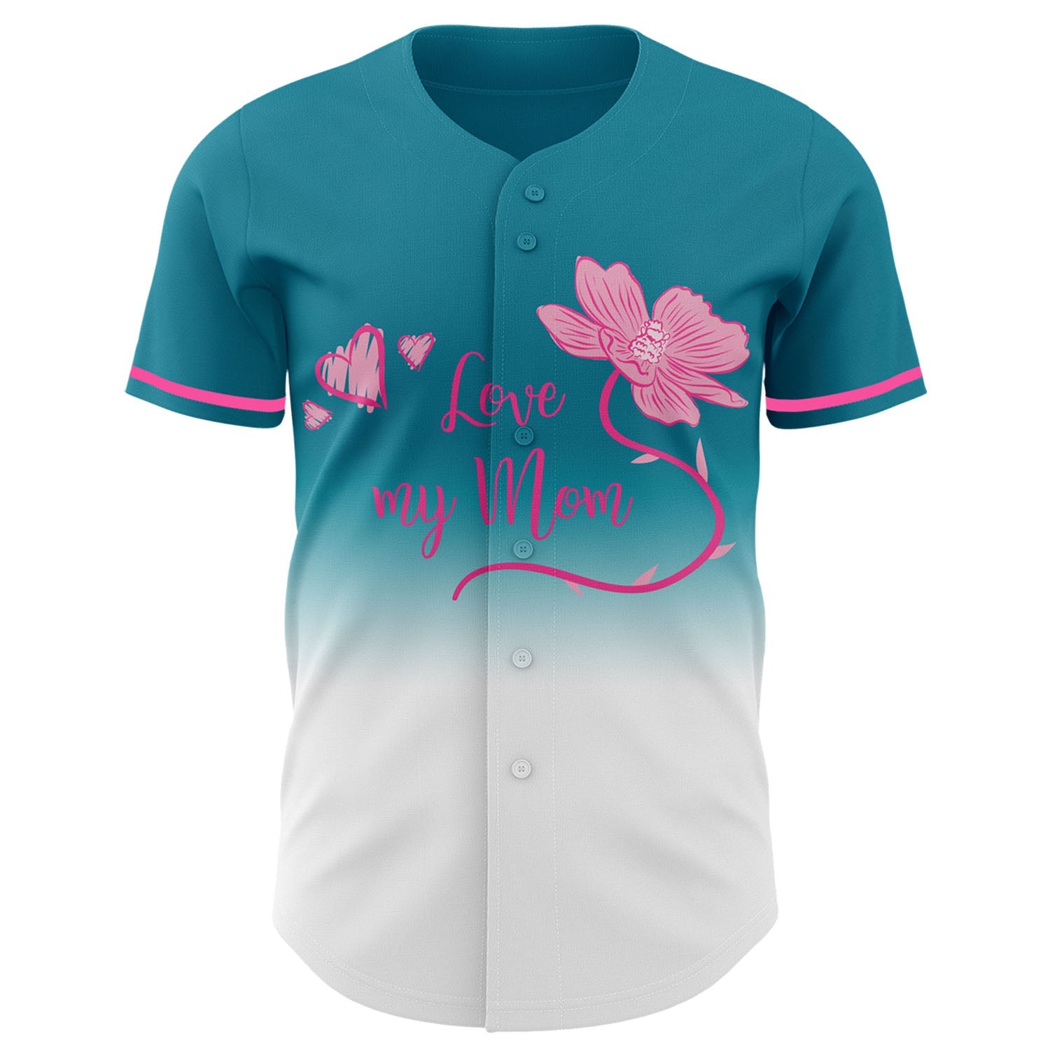 Custom Teal White-Pink 3D Pattern Design Gradient Mother's Day Love And Flower Authentic Baseball Jersey - Sky-Custom