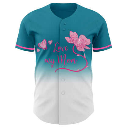 Custom Teal White-Pink 3D Pattern Design Gradient Mother's Day Love And Flower Authentic Baseball Jersey - Sky-Custom