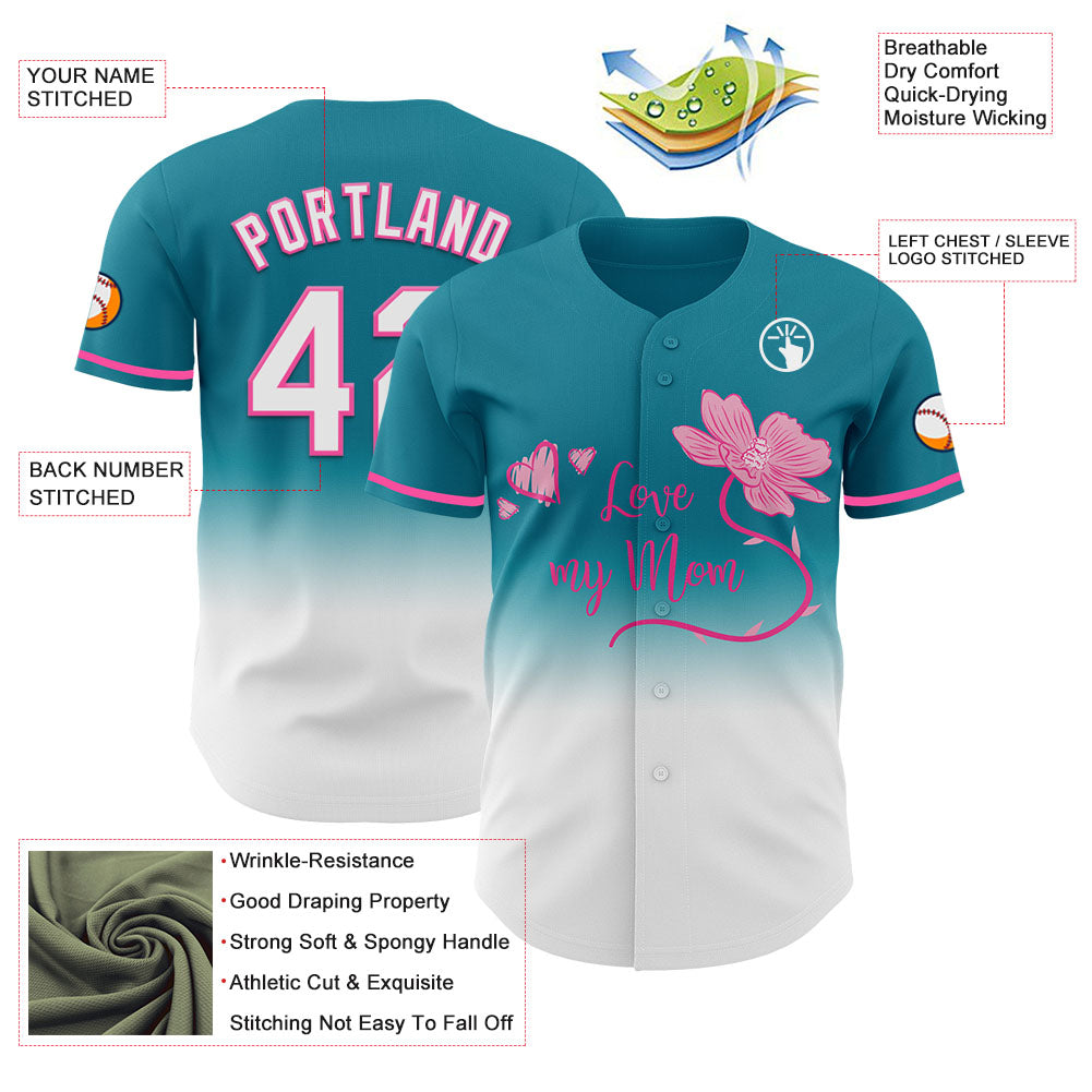 Custom Teal White-Pink 3D Pattern Design Gradient Mother's Day Love And Flower Authentic Baseball Jersey - Sky-Custom