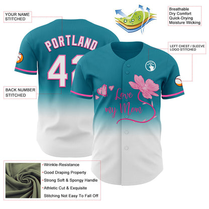 Custom Teal White-Pink 3D Pattern Design Gradient Mother's Day Love And Flower Authentic Baseball Jersey - Sky-Custom