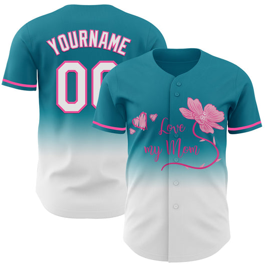 Custom Teal White-Pink 3D Pattern Design Gradient Mother's Day Love And Flower Authentic Baseball Jersey - Sky-Custom