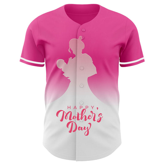Custom Pink White-Neon Pink 3D Pattern Design Gradient Mother's Day Family Love Authentic Baseball Jersey - Sky-Custom