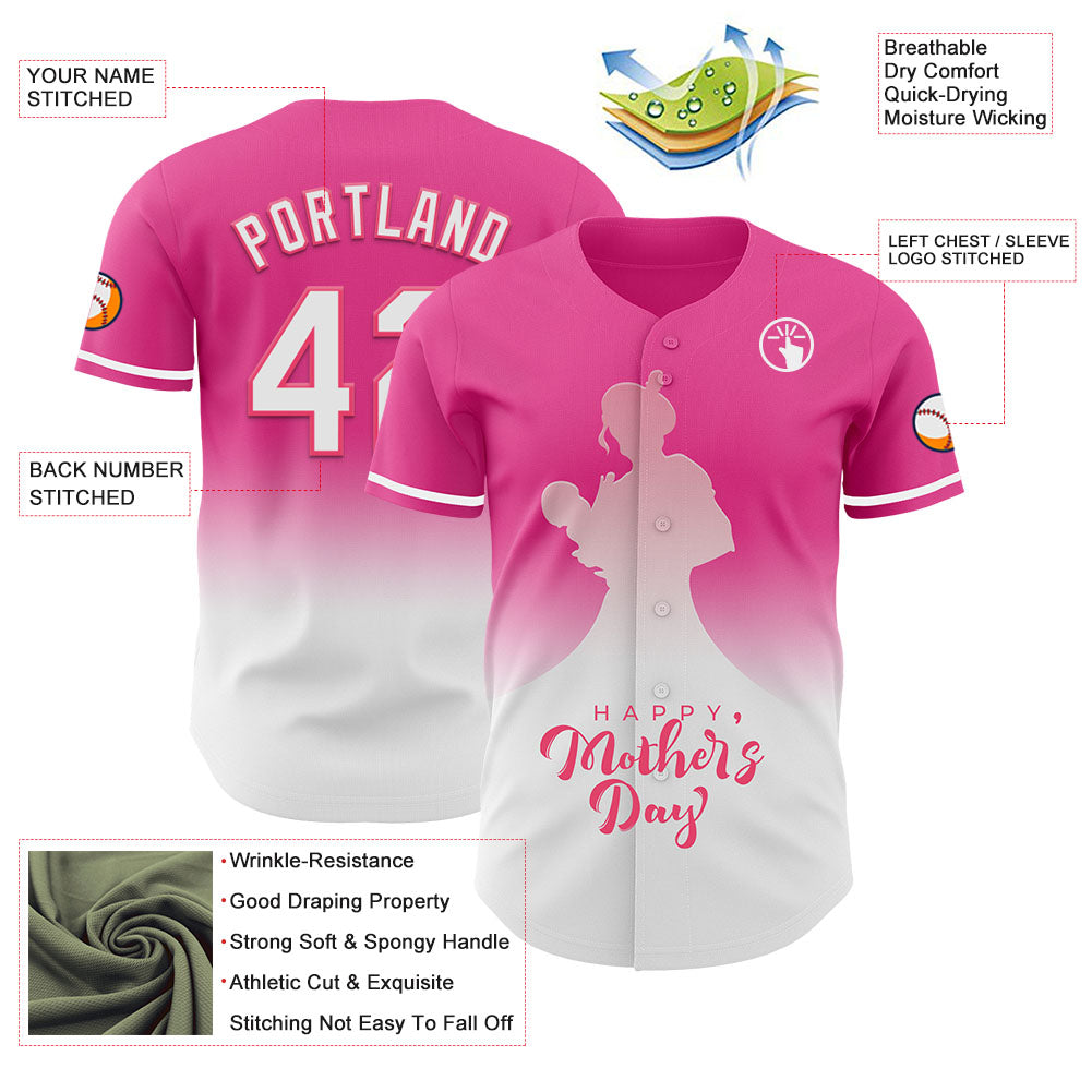 Custom Pink White-Neon Pink 3D Pattern Design Gradient Mother's Day Family Love Authentic Baseball Jersey - Sky-Custom