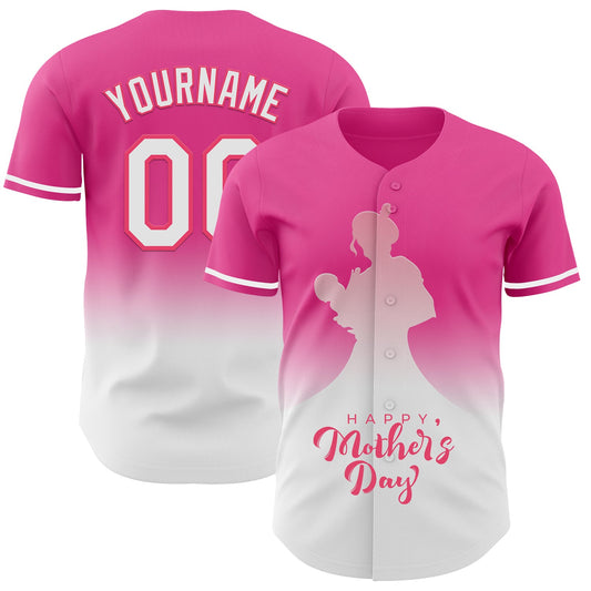 Custom Pink White-Neon Pink 3D Pattern Design Gradient Mother's Day Family Love Authentic Baseball Jersey - Sky-Custom
