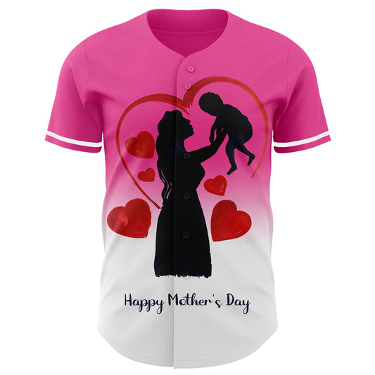 Custom Pink White 3D Pattern Design Gradient Mother's Day Family Love Authentic Baseball Jersey - Sky-Custom