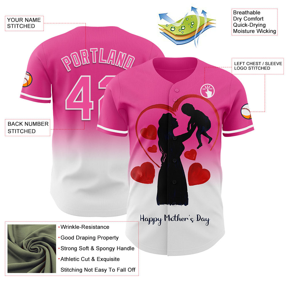 Custom Pink White 3D Pattern Design Gradient Mother's Day Family Love Authentic Baseball Jersey - Sky-Custom