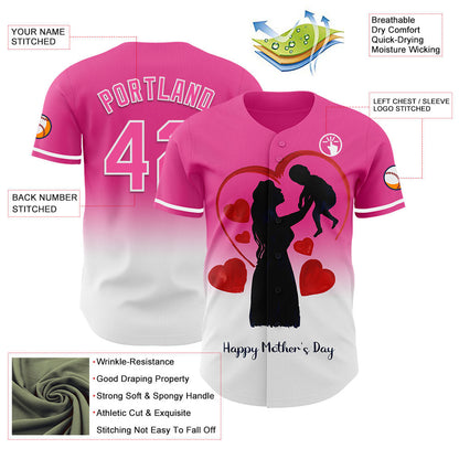 Custom Pink White 3D Pattern Design Gradient Mother's Day Family Love Authentic Baseball Jersey - Sky-Custom