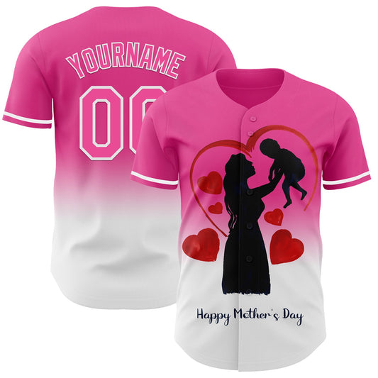 Custom Pink White 3D Pattern Design Gradient Mother's Day Family Love Authentic Baseball Jersey - Sky-Custom