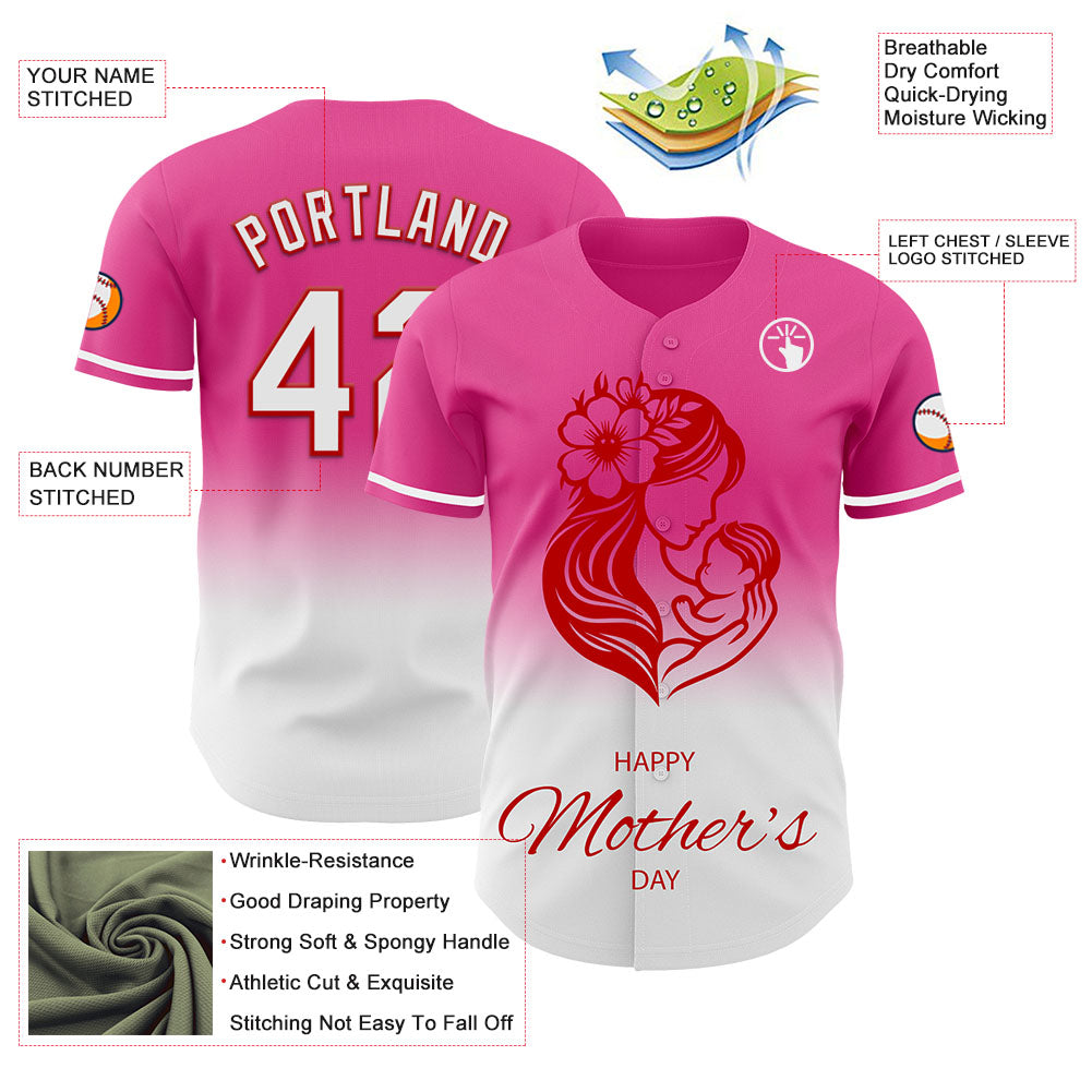 Custom Pink White-Red 3D Pattern Design Gradient Mother's Day Family Love Authentic Baseball Jersey - Sky-Custom