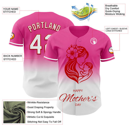 Custom Pink White-Red 3D Pattern Design Gradient Mother's Day Family Love Authentic Baseball Jersey - Sky-Custom