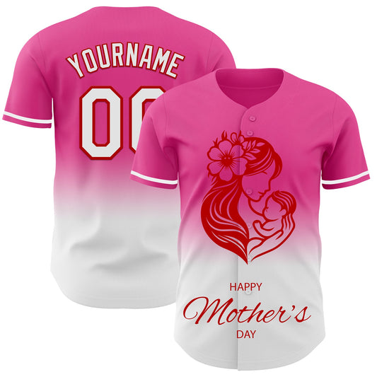 Custom Pink White-Red 3D Pattern Design Gradient Mother's Day Family Love Authentic Baseball Jersey - Sky-Custom