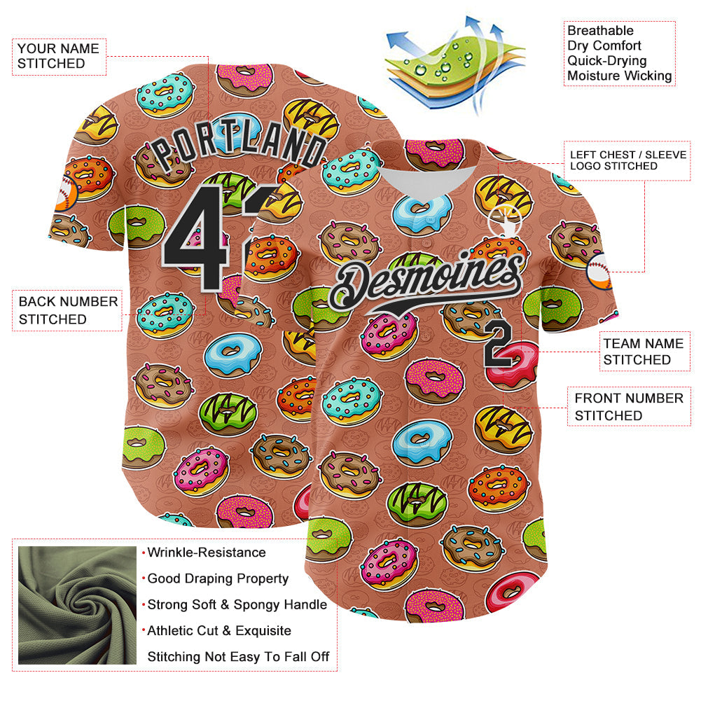 Custom Brown Black-White 3D Pattern Design Foodie Food Dessert Doughnut Authentic Baseball Jersey - Sky-Custom