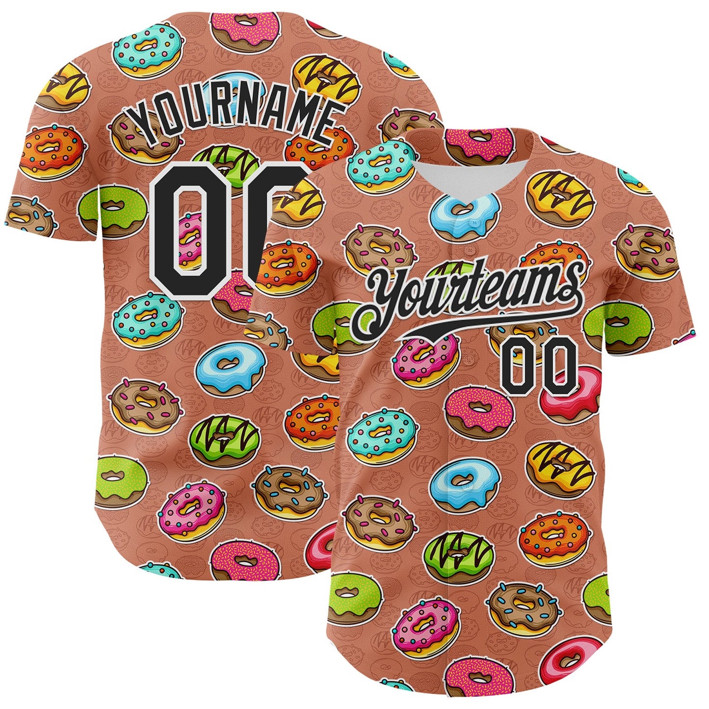 Custom Brown Black-White 3D Pattern Design Foodie Food Dessert Doughnut Authentic Baseball Jersey - Sky-Custom