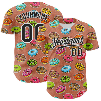 Custom Brown Black-White 3D Pattern Design Foodie Food Dessert Doughnut Authentic Baseball Jersey - Sky-Custom