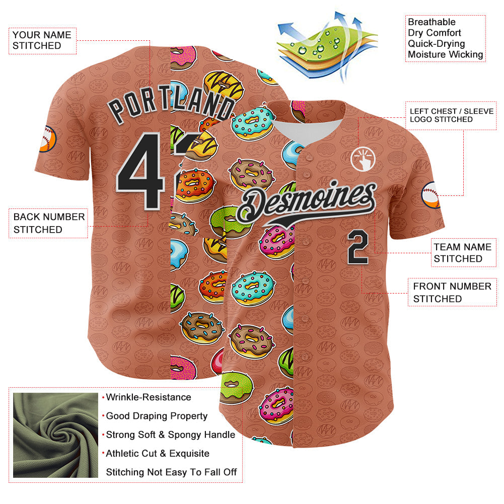 Custom Brown Black-White 3D Pattern Design Foodie Food Dessert Doughnut Authentic Baseball Jersey - Sky-Custom