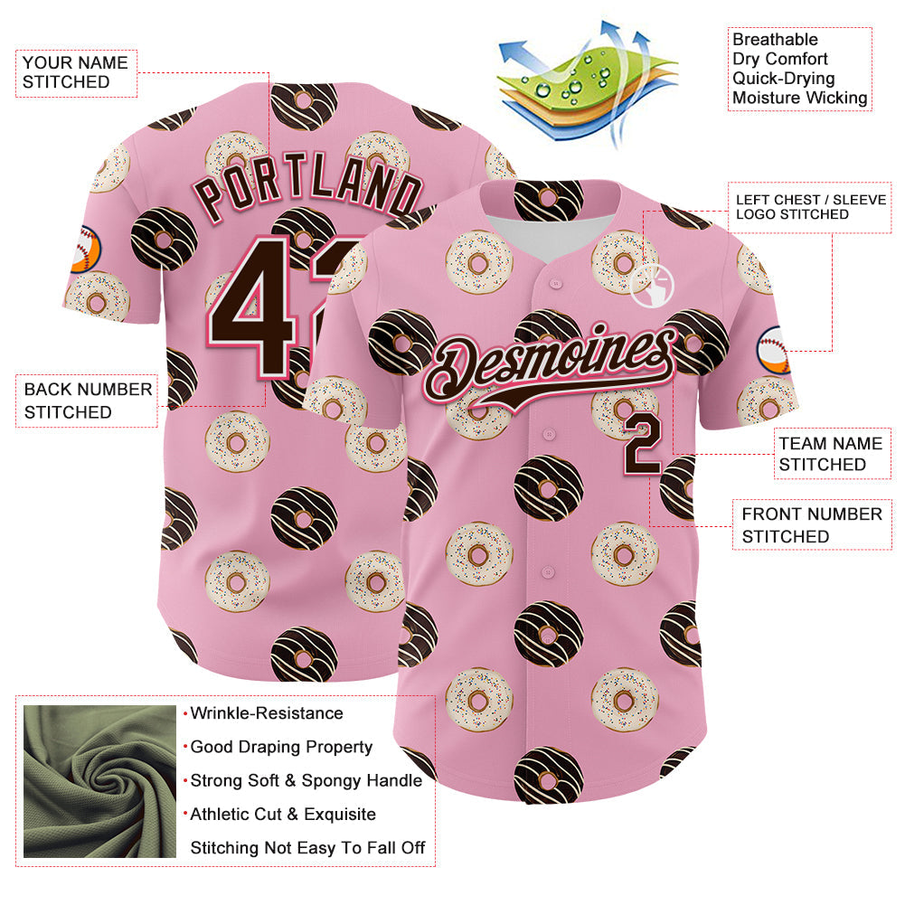 Custom Light Pink Brown-Neon Pink 3D Pattern Design Foodie Food Dessert Doughnut Authentic Baseball Jersey - Sky-Custom