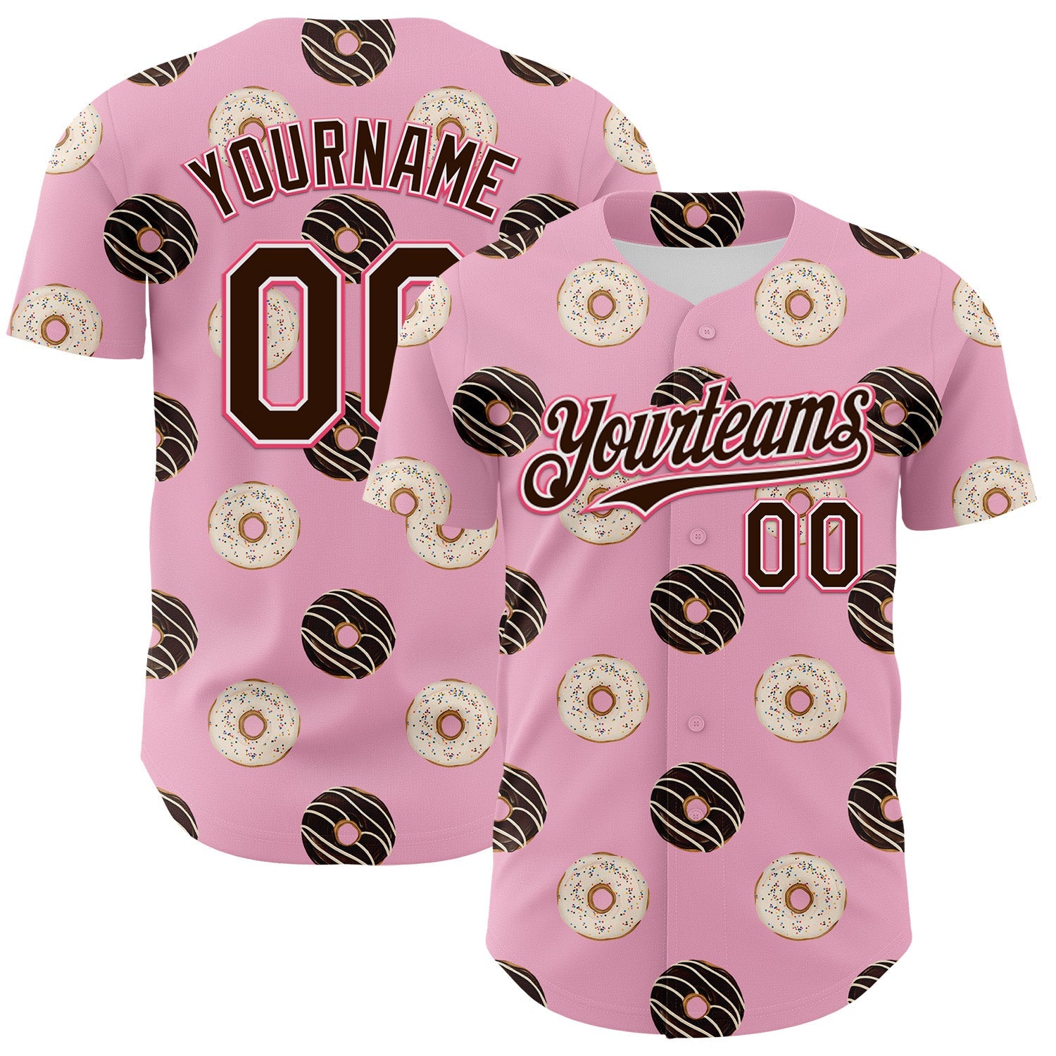 Custom Light Pink Brown-Neon Pink 3D Pattern Design Foodie Food Dessert Doughnut Authentic Baseball Jersey - Sky-Custom
