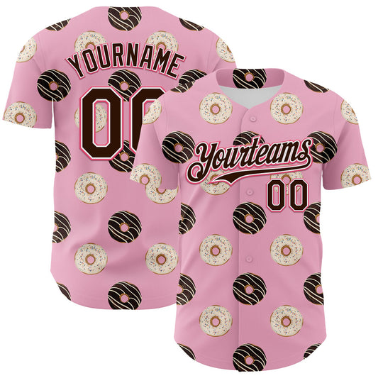 Custom Light Pink Brown-Neon Pink 3D Pattern Design Foodie Food Dessert Doughnut Authentic Baseball Jersey - Sky-Custom