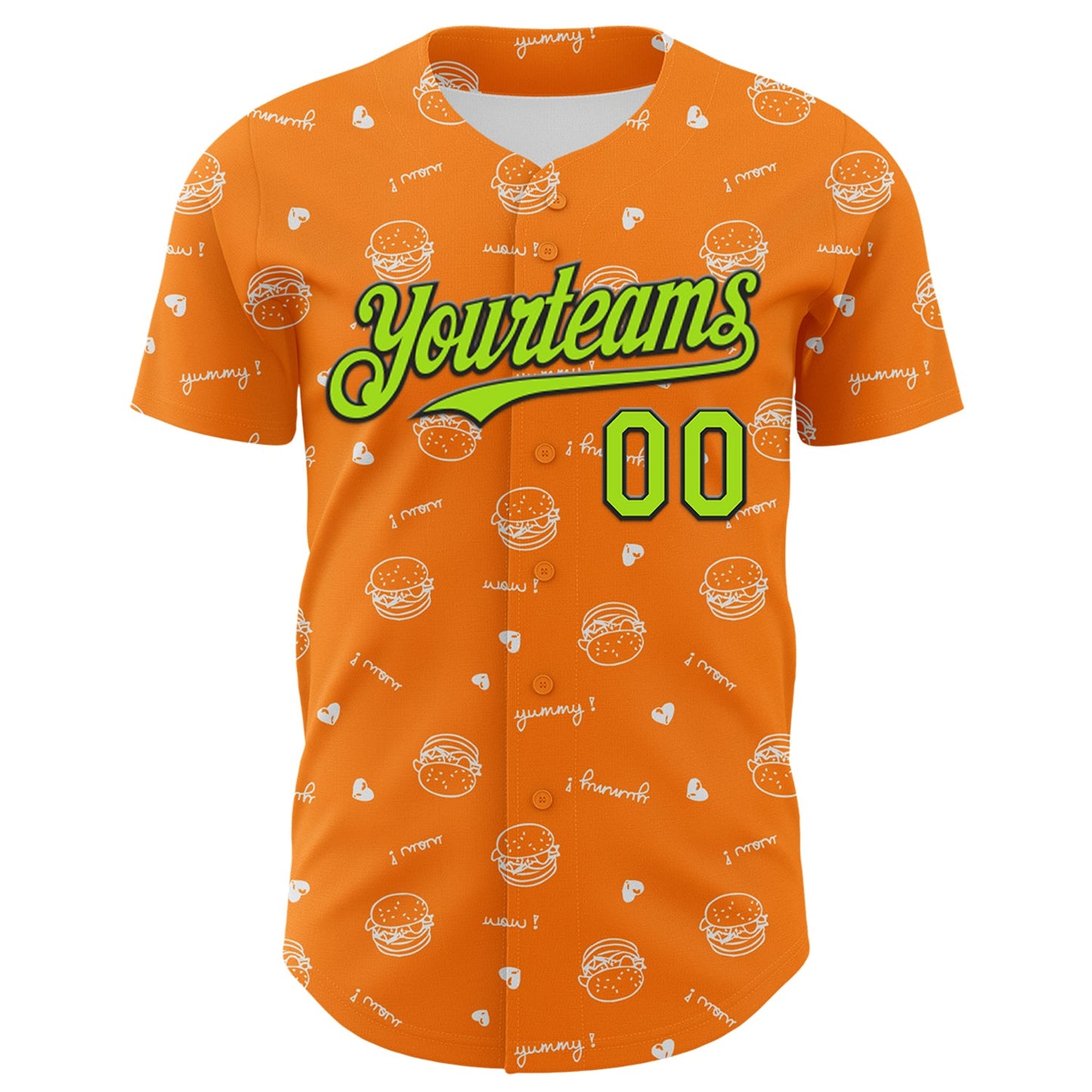 Custom Bay Orange Neon Green-Black 3D Pattern Design Foodie Fast Food Burger Authentic Baseball Jersey - Sky-Custom