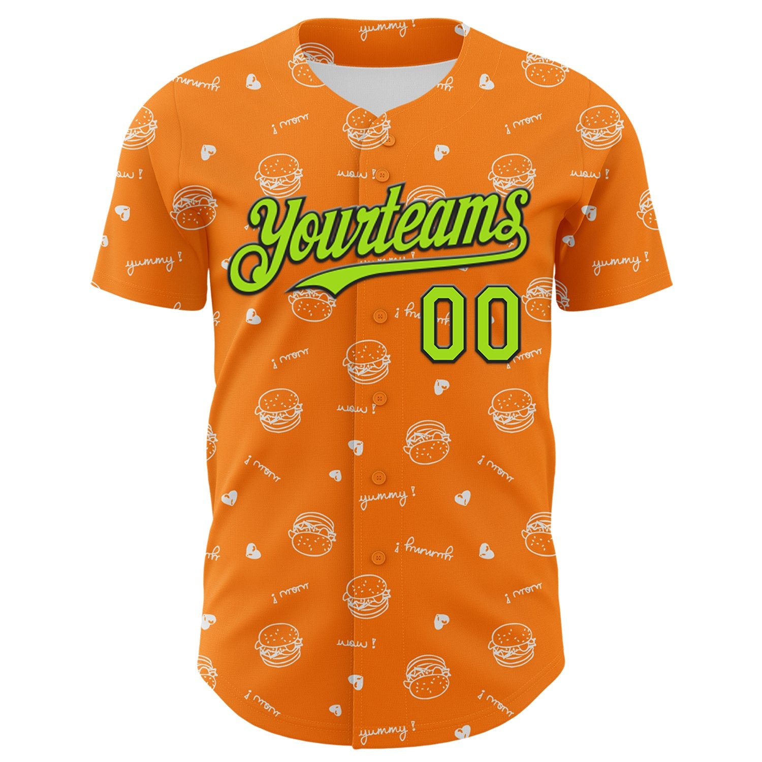 Custom Bay Orange Neon Green-Black 3D Pattern Design Foodie Fast Food Burger Authentic Baseball Jersey - Sky-Custom