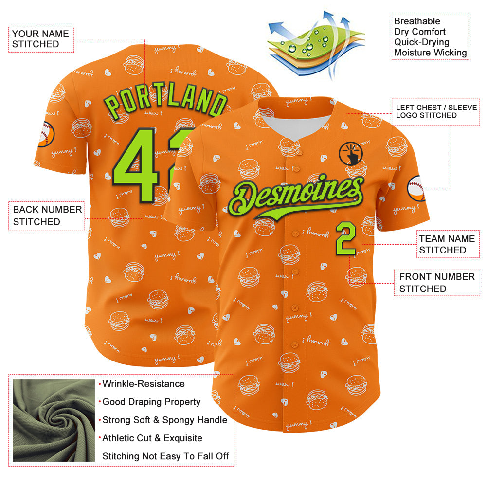 Custom Bay Orange Neon Green-Black 3D Pattern Design Foodie Fast Food Burger Authentic Baseball Jersey - Sky-Custom