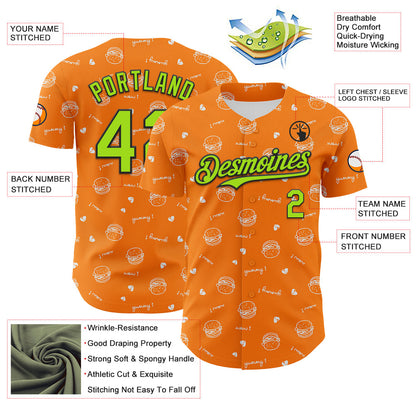 Custom Bay Orange Neon Green-Black 3D Pattern Design Foodie Fast Food Burger Authentic Baseball Jersey - Sky-Custom