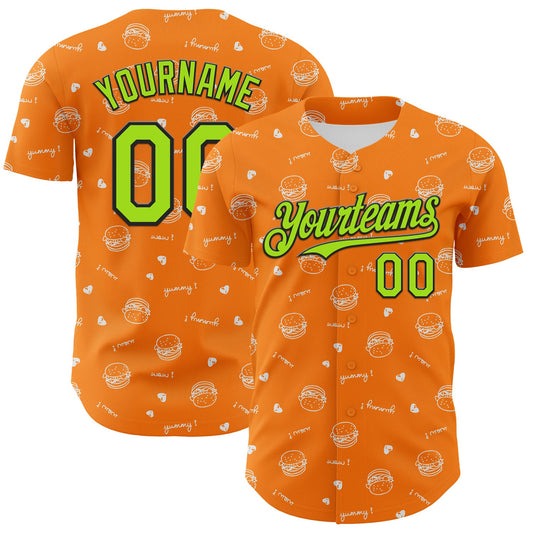 Custom Bay Orange Neon Green-Black 3D Pattern Design Foodie Fast Food Burger Authentic Baseball Jersey - Sky-Custom