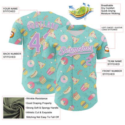 Custom Ice Blue Light Purple-White 3D Pattern Design Foodie Fast Food Burger Fries Pizza Authentic Baseball Jersey - Sky-Custom