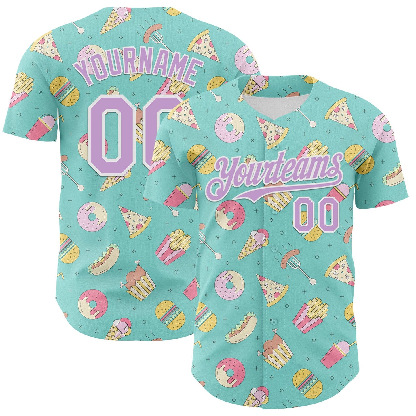 Custom Ice Blue Light Purple-White 3D Pattern Design Foodie Fast Food Burger Fries Pizza Authentic Baseball Jersey - Sky-Custom