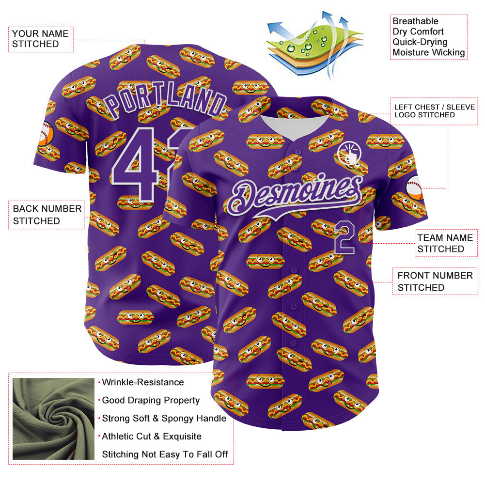 Custom Purple White 3D Pattern Design Foodie Fast Food Hot Dog Authentic Baseball Jersey - Sky-Custom