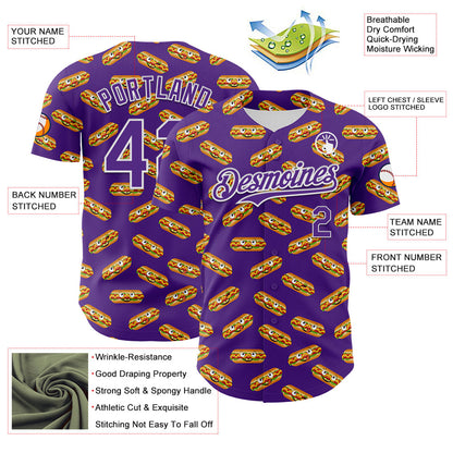 Custom Purple White 3D Pattern Design Foodie Fast Food Hot Dog Authentic Baseball Jersey - Sky-Custom