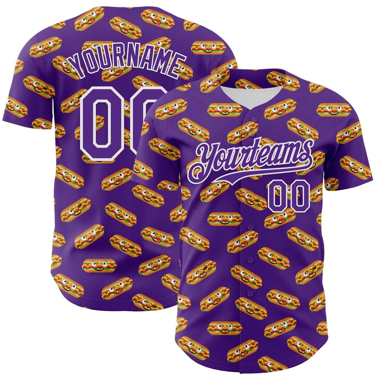 Custom Purple White 3D Pattern Design Foodie Fast Food Hot Dog Authentic Baseball Jersey - Sky-Custom