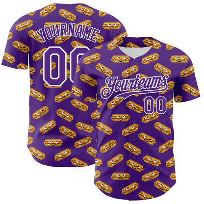 Custom Purple White 3D Pattern Design Foodie Fast Food Hot Dog Authentic Baseball Jersey - Sky-Custom