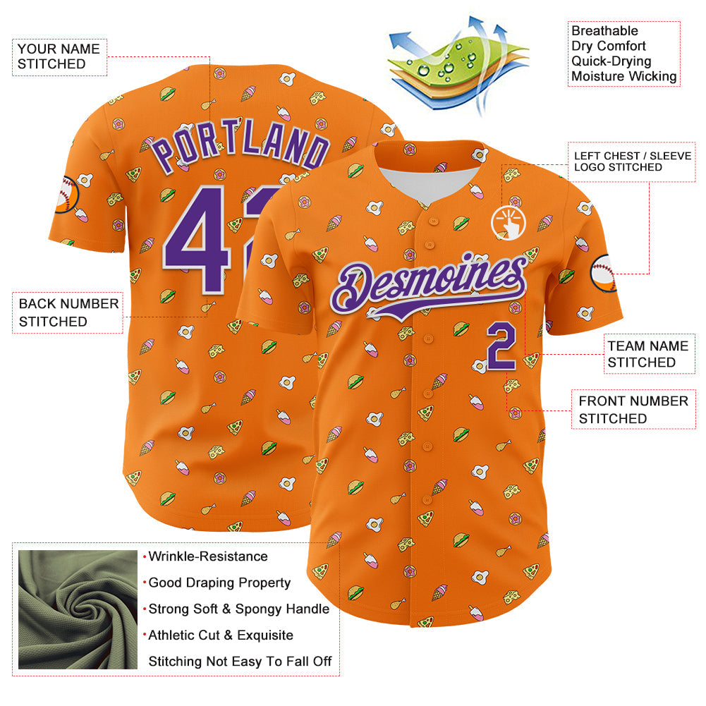 Custom Bay Orange Purple-White 3D Pattern Design Foodie Fast Food Cheese Pizza Dessert Ice Cream Authentic Baseball Jersey - Sky-Custom