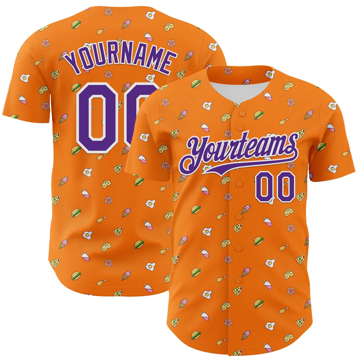 Custom Bay Orange Purple-White 3D Pattern Design Foodie Fast Food Cheese Pizza Dessert Ice Cream Authentic Baseball Jersey - Sky-Custom