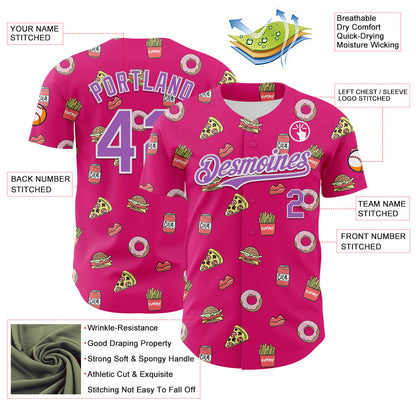 Custom Hot Pink Medium Purple-White 3D Pattern Design Foodie Fast Food Pizza Donut Cola Authentic Baseball Jersey - Sky-Custom