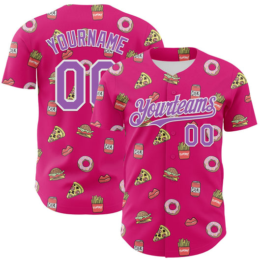 Custom Hot Pink Medium Purple-White 3D Pattern Design Foodie Fast Food Pizza Donut Cola Authentic Baseball Jersey - Sky-Custom
