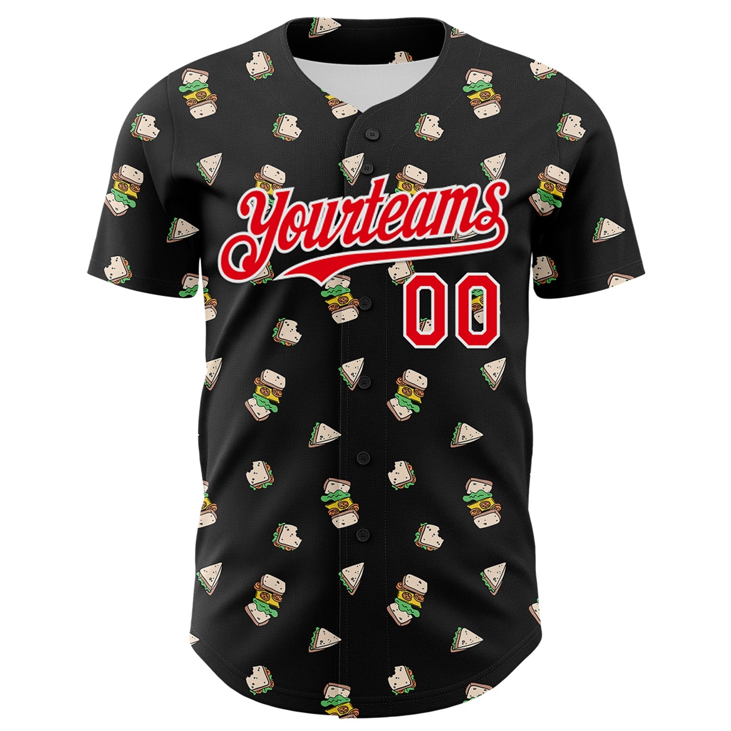 Custom Black Fire Red-White 3D Pattern Design Foodie Fast Food Sandwich Authentic Baseball Jersey - Sky-Custom
