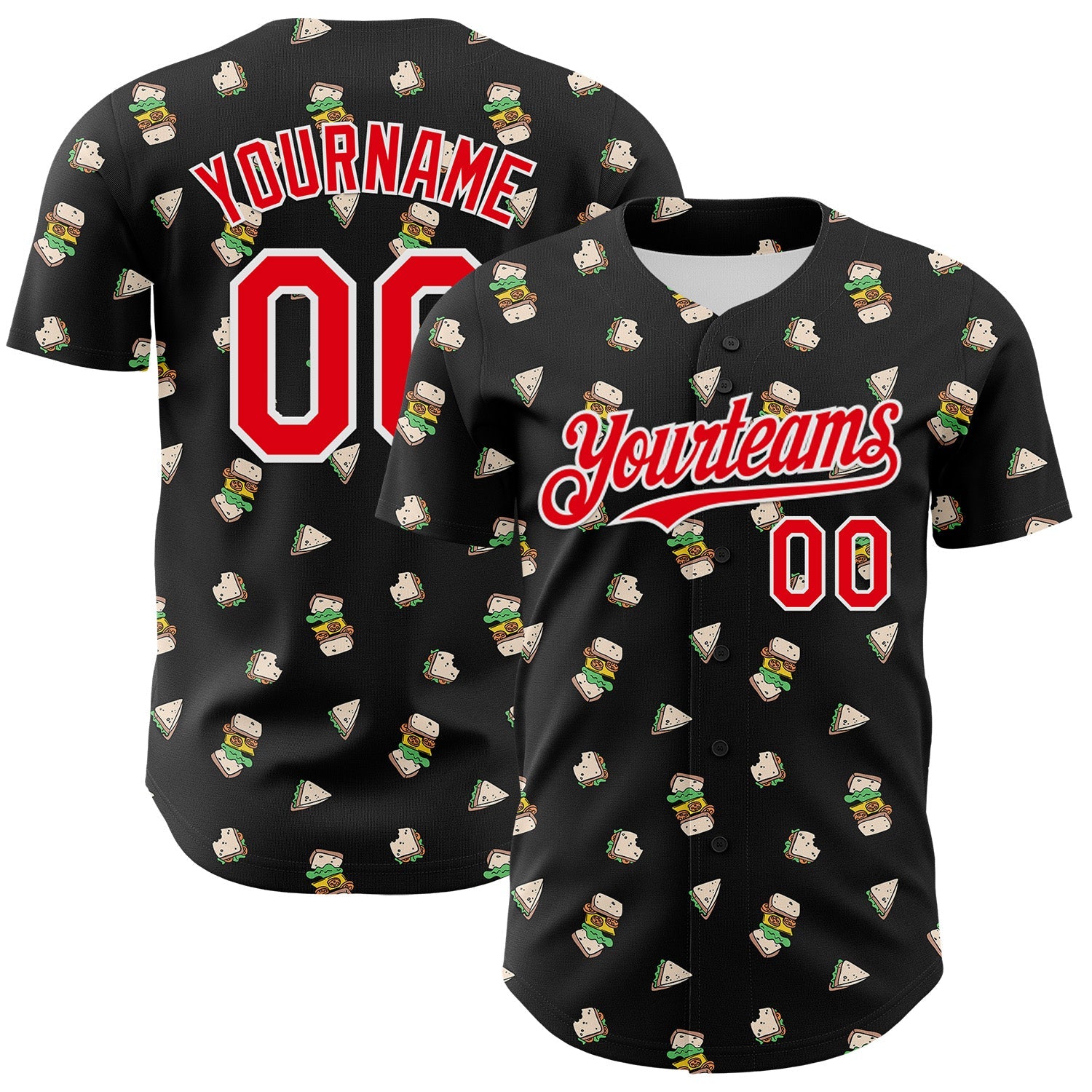 Custom Black Fire Red-White 3D Pattern Design Foodie Fast Food Sandwich Authentic Baseball Jersey - Sky-Custom
