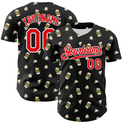 Custom Black Fire Red-White 3D Pattern Design Foodie Fast Food Sandwich Authentic Baseball Jersey - Sky-Custom