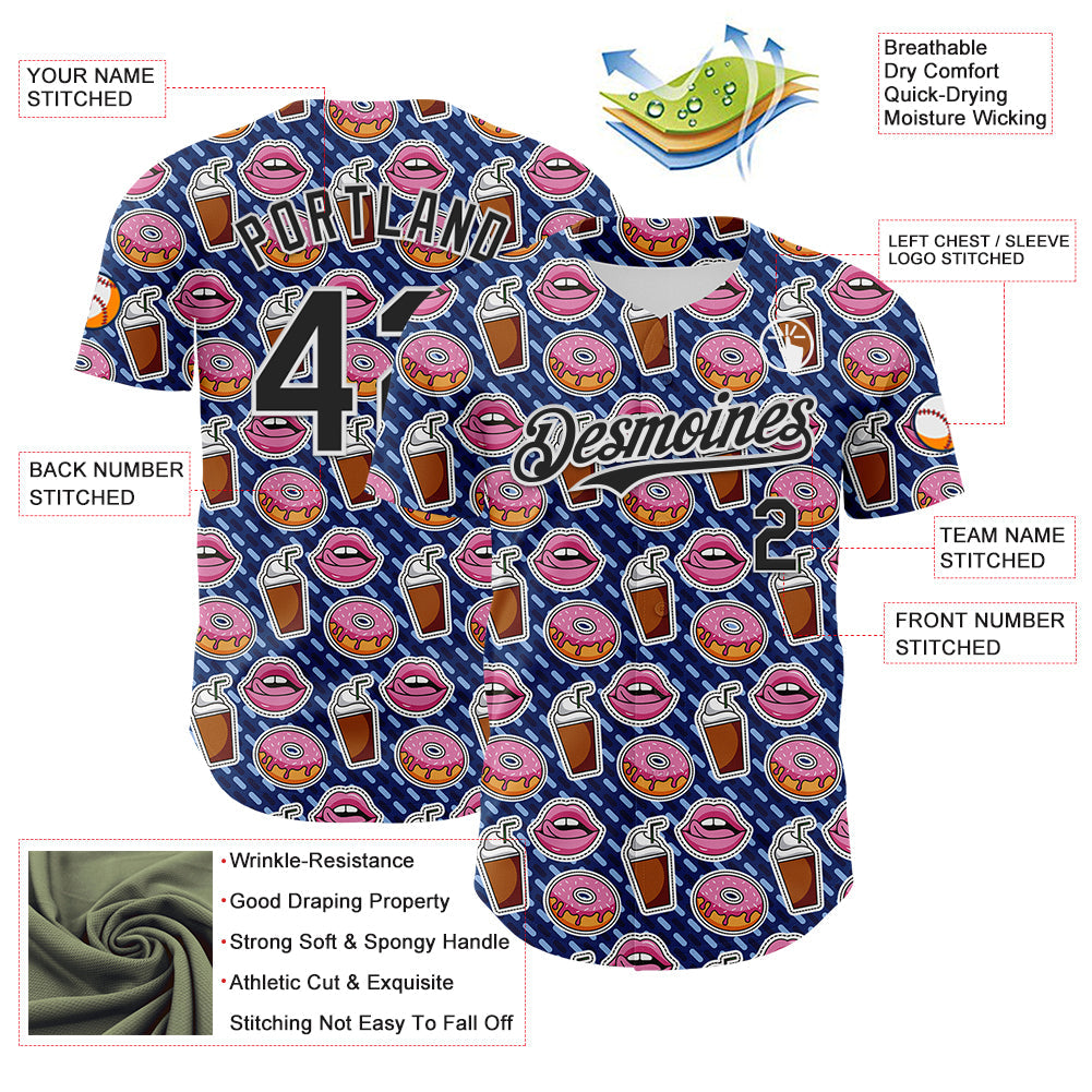 Custom US Navy Blue Black-White 3D Pattern Design Foodie Food Dessert Milkshake Donut Authentic Baseball Jersey - Sky-Custom