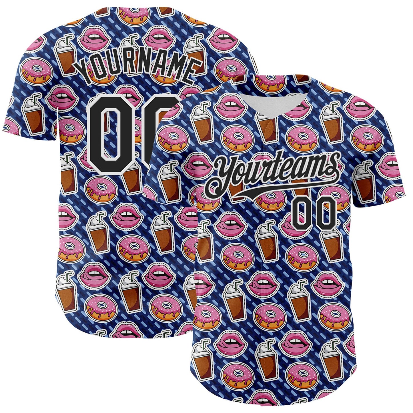 Custom US Navy Blue Black-White 3D Pattern Design Foodie Food Dessert Milkshake Donut Authentic Baseball Jersey - Sky-Custom