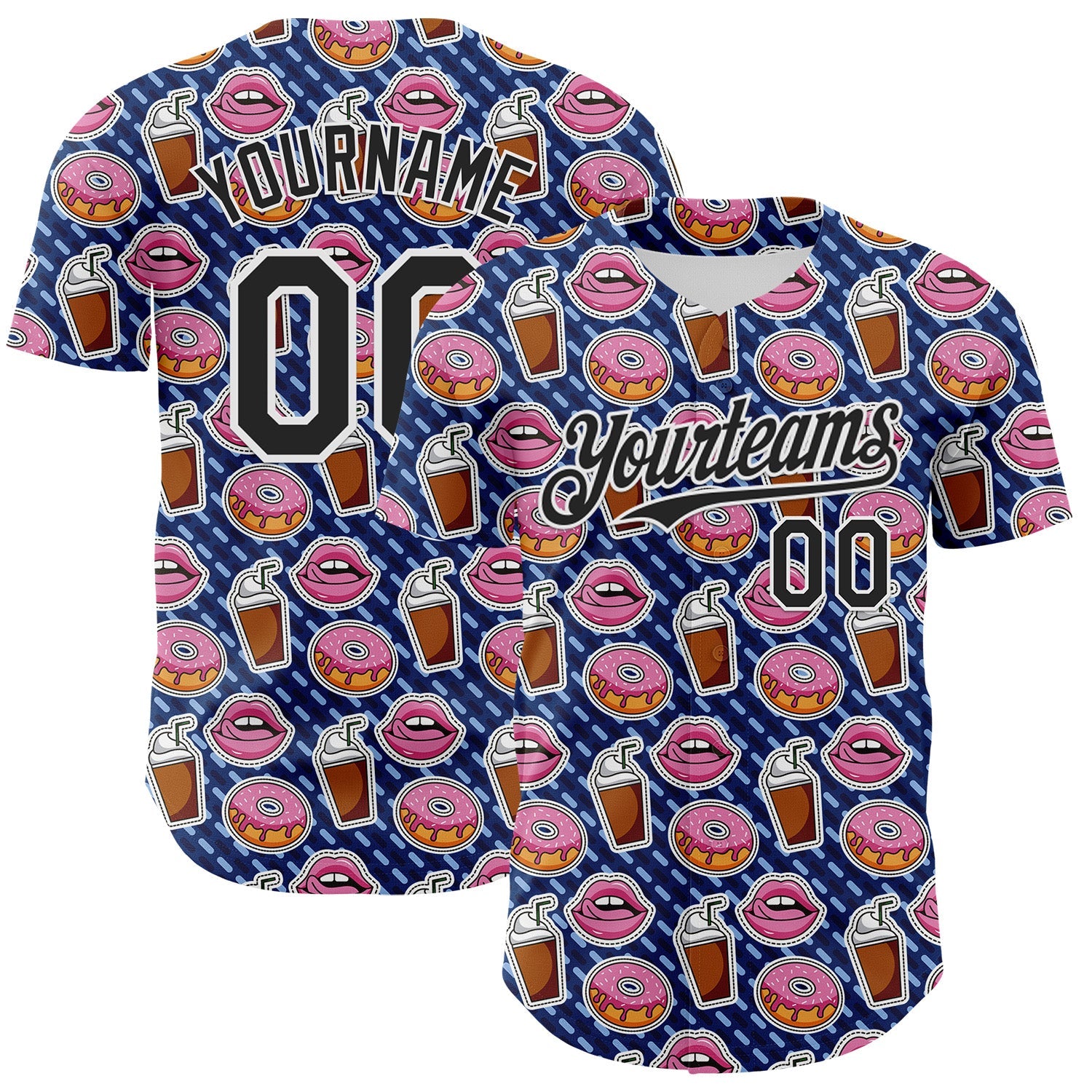 Custom US Navy Blue Black-White 3D Pattern Design Foodie Food Dessert Milkshake Donut Authentic Baseball Jersey - Sky-Custom
