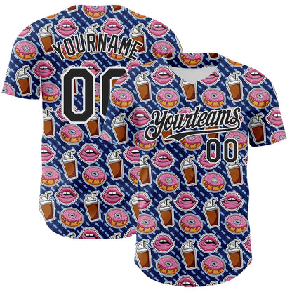 Custom US Navy Blue Black-White 3D Pattern Design Foodie Food Dessert Milkshake Donut Authentic Baseball Jersey - Sky-Custom