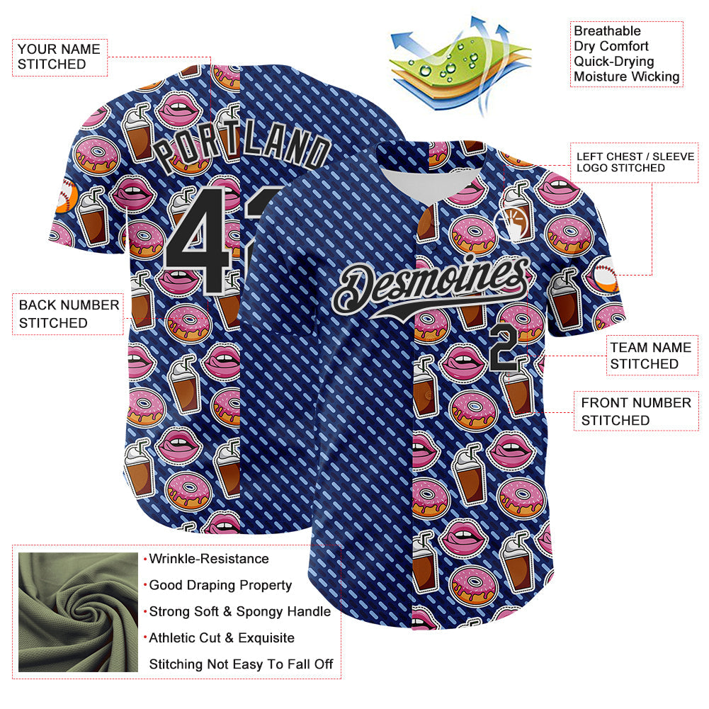 Custom US Navy Blue Black-White 3D Pattern Design Foodie Food Dessert Milkshake Donut Authentic Baseball Jersey - Sky-Custom