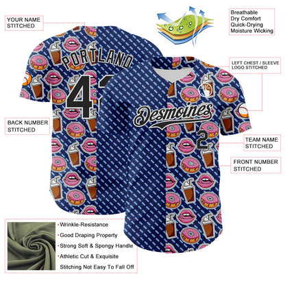 Custom US Navy Blue Black-White 3D Pattern Design Foodie Food Dessert Milkshake Donut Authentic Baseball Jersey - Sky-Custom